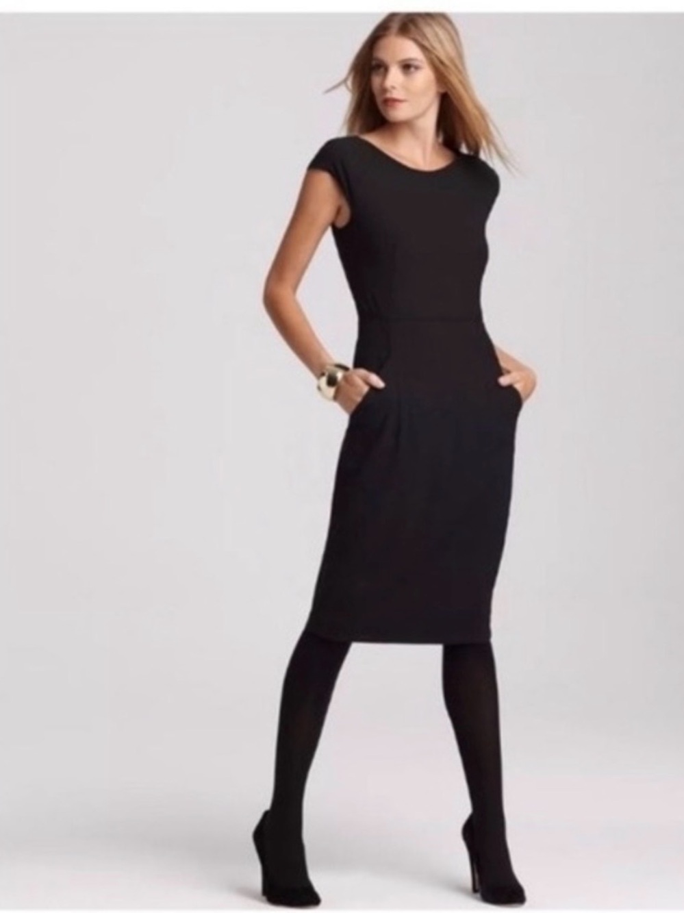 Theory Black Cap-Sleeve Midi Sheath Dress